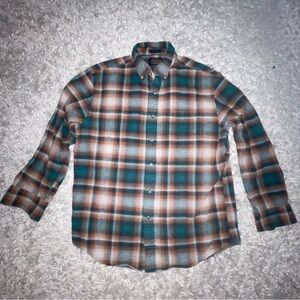 Men's Pendleton Mason Forest Green Brown Plaid Flannel Button Up L/S Shirt Sz L